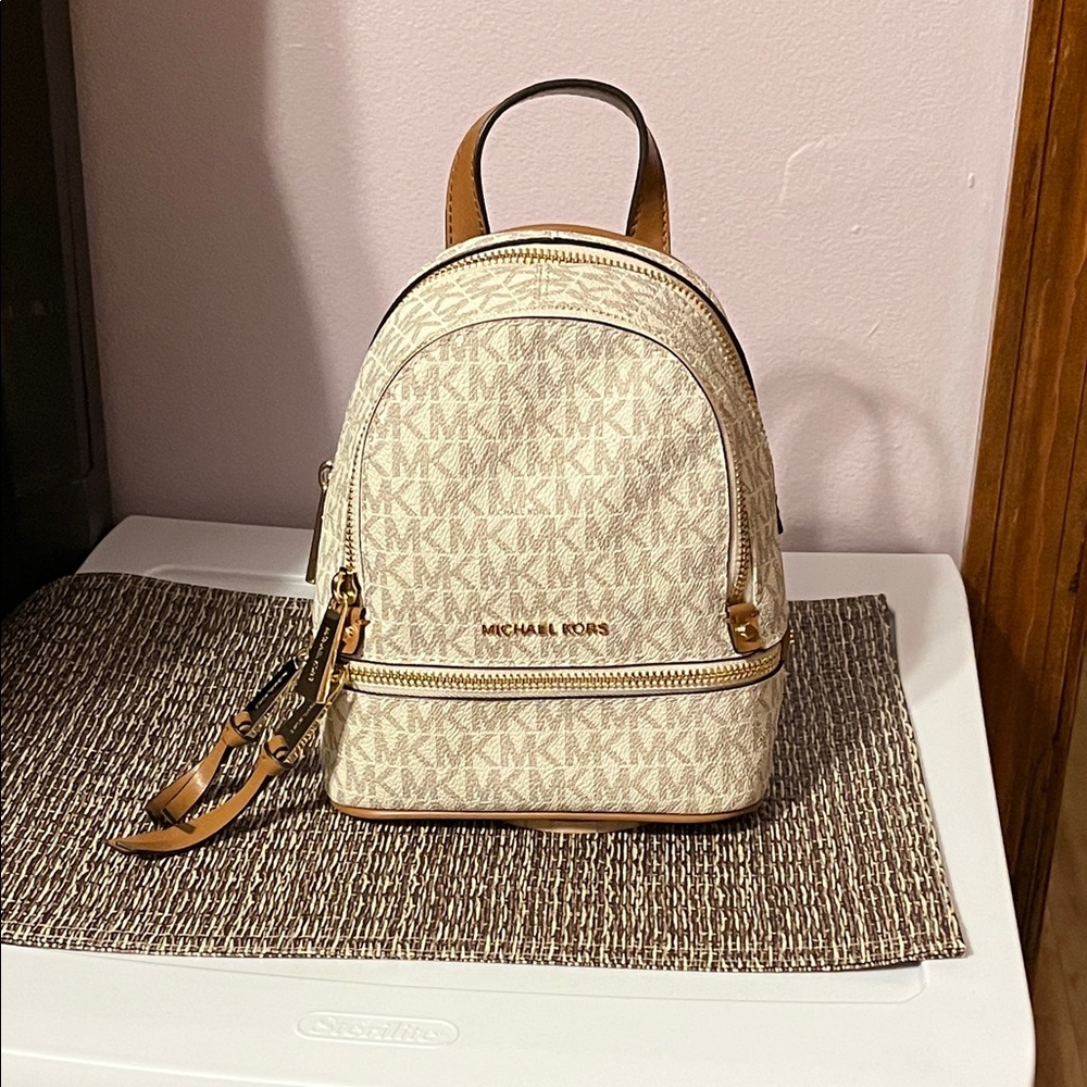 Michael Kors Beige and Tan Logo Backpack